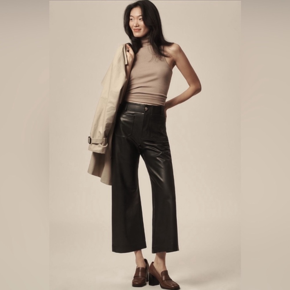 Anthropologie Maeve Colette Cropped Wide Leg Black Faux Leather Pants